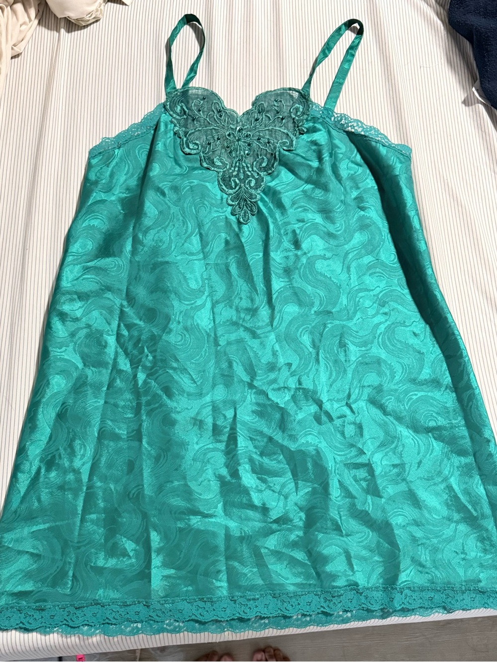 Vintage Body Chic Teal Satin Lace-Accent Slip